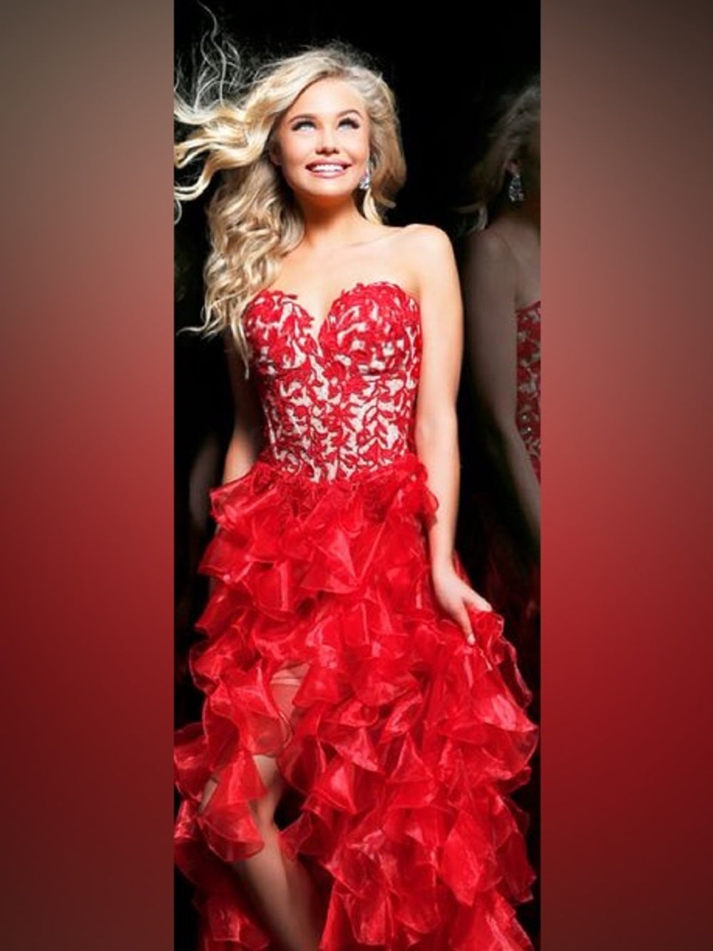 Sherri Hill Red Strapless Ruffled Prom Dress